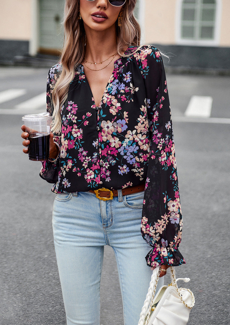 Floral Print V Neck Long Sleeve Chiffon Shirt