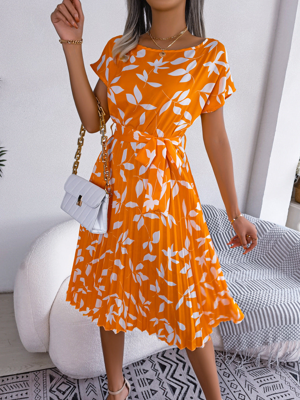 Leaf Print Short Sleeve Lace-up Skirt Dress