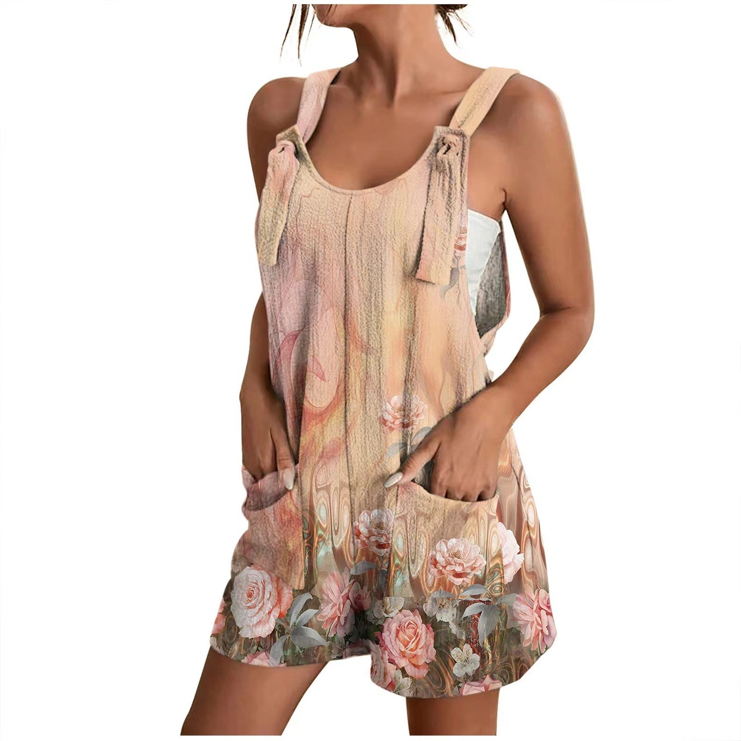 V-neck Strap Pocket Printed Jumpsuit Shorts