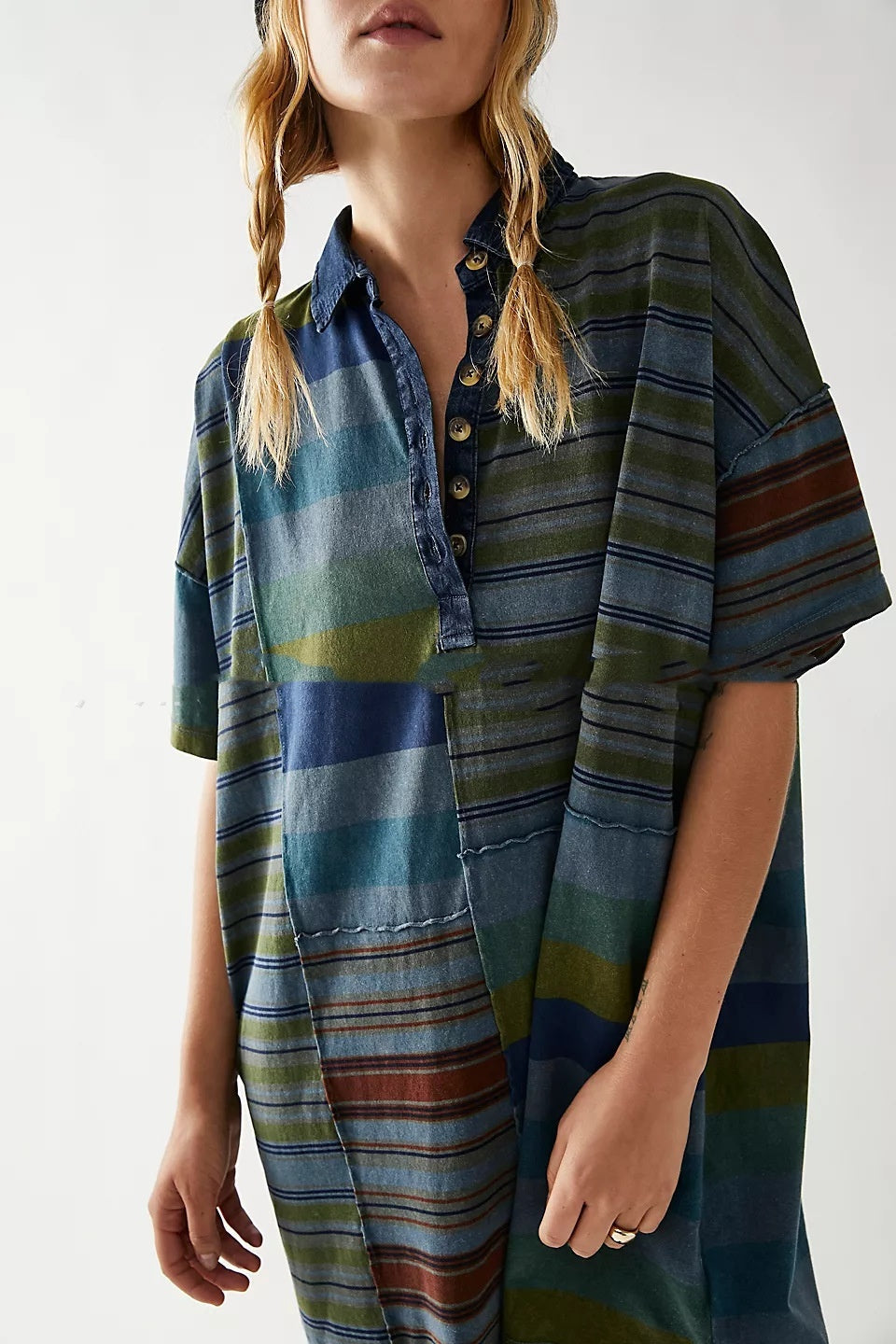 Mid-sleeve Lapel Contrast Color Striped Loose Casual Dress