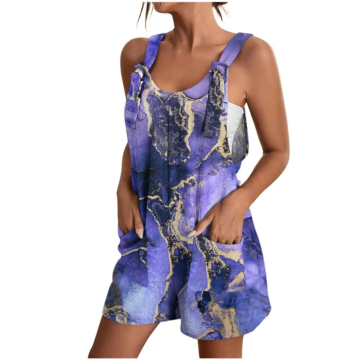 V-neck Strap Pocket Printed Jumpsuit Shorts