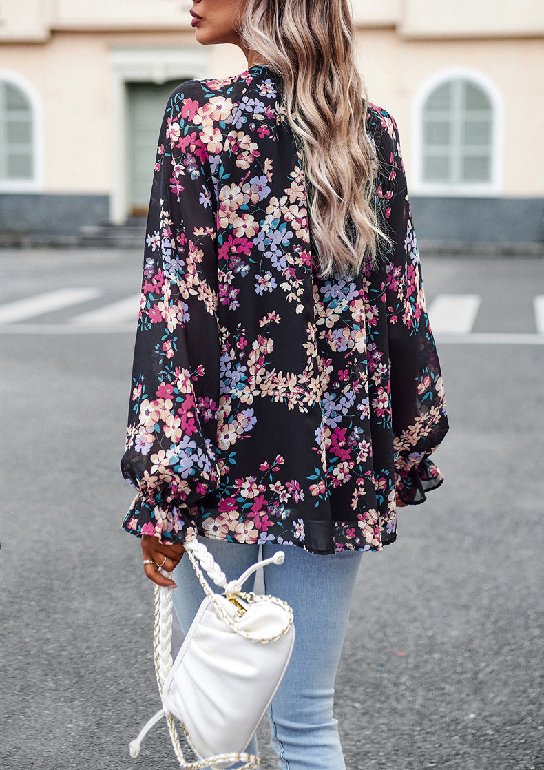 Floral Print V Neck Long Sleeve Chiffon Shirt