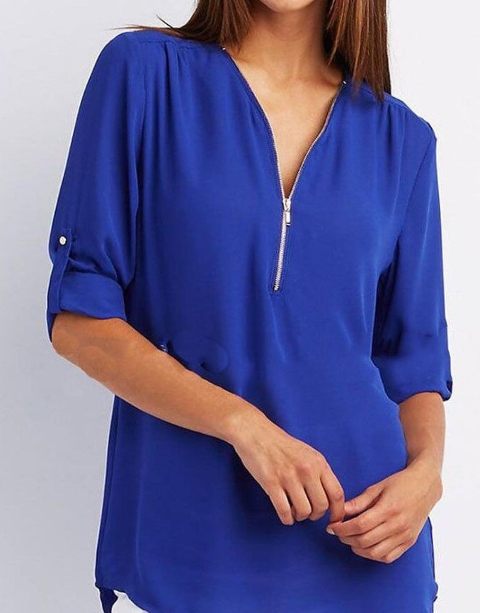 Zip V-neck Short Sleeve Loose Top