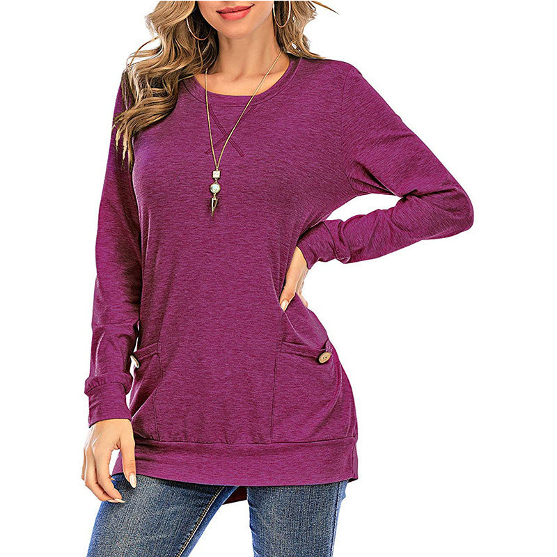 Crossed Pockets Round Neck Long-sleeved T-Shirt