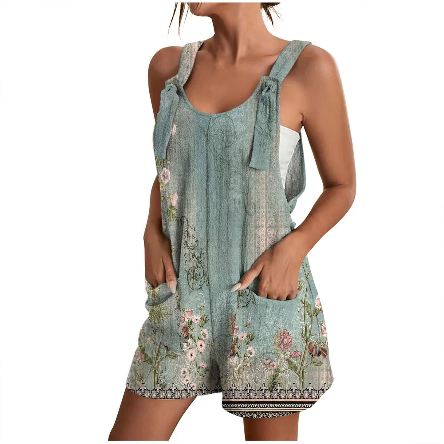 V-neck Strap Pocket Printed Jumpsuit Shorts