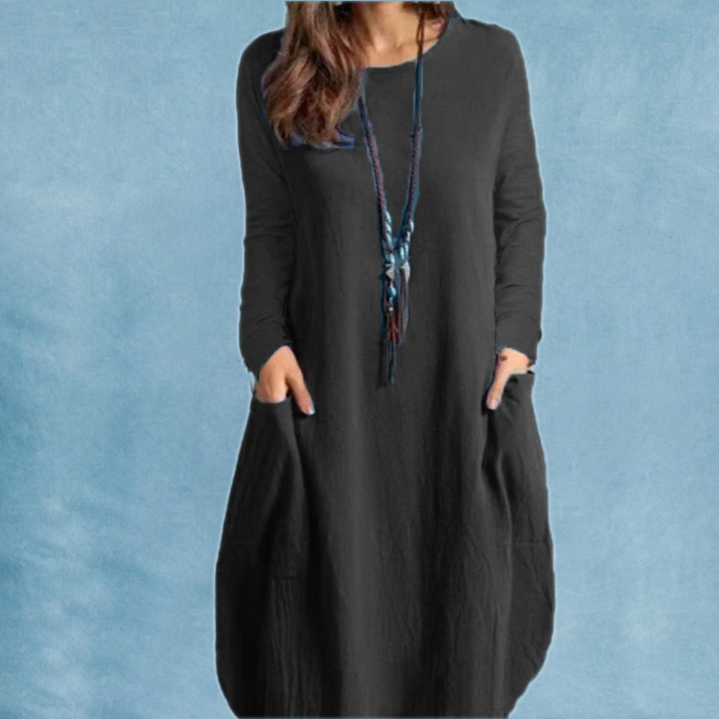 Loose Casual Solid Color Pocket Long Sleeve Dress