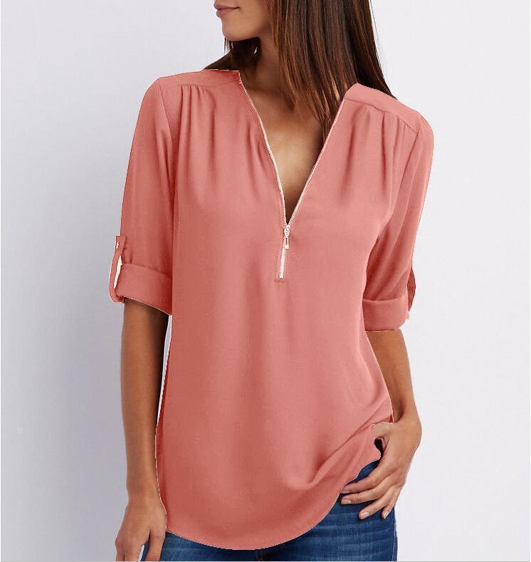 Zip V-neck Short Sleeve Loose Top