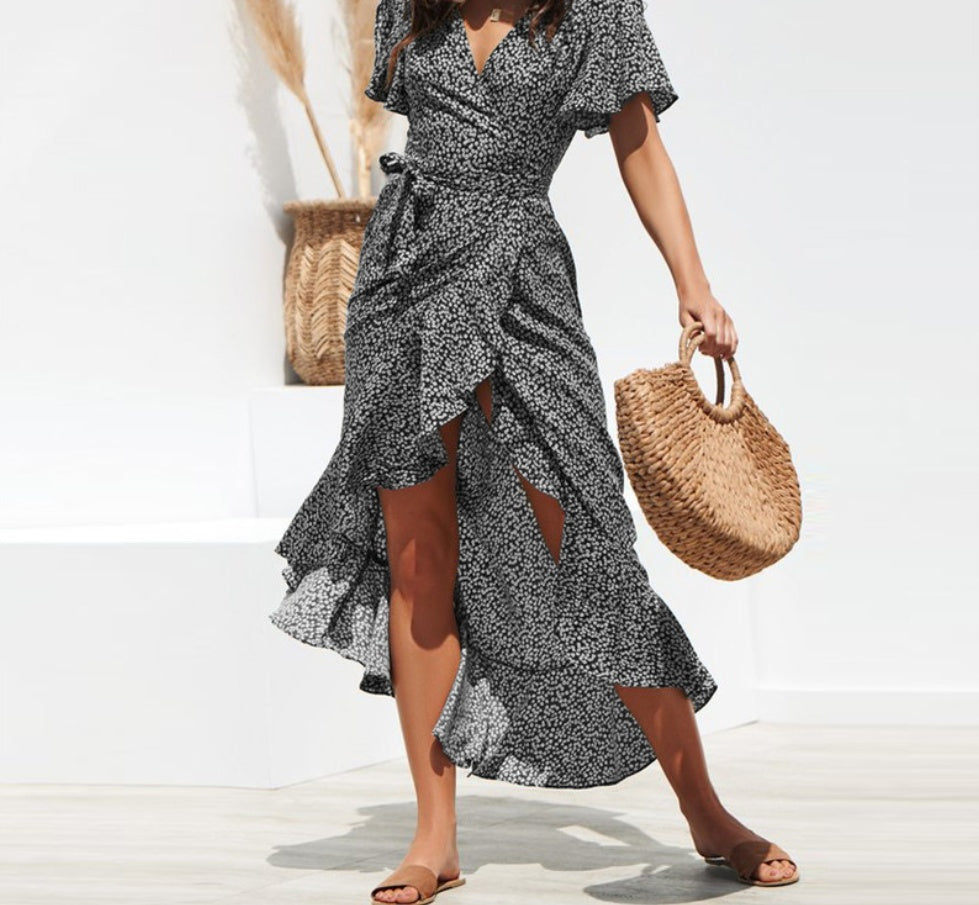 V-Neck Irregular High-Rise Lace-up Chiffon Print Dress