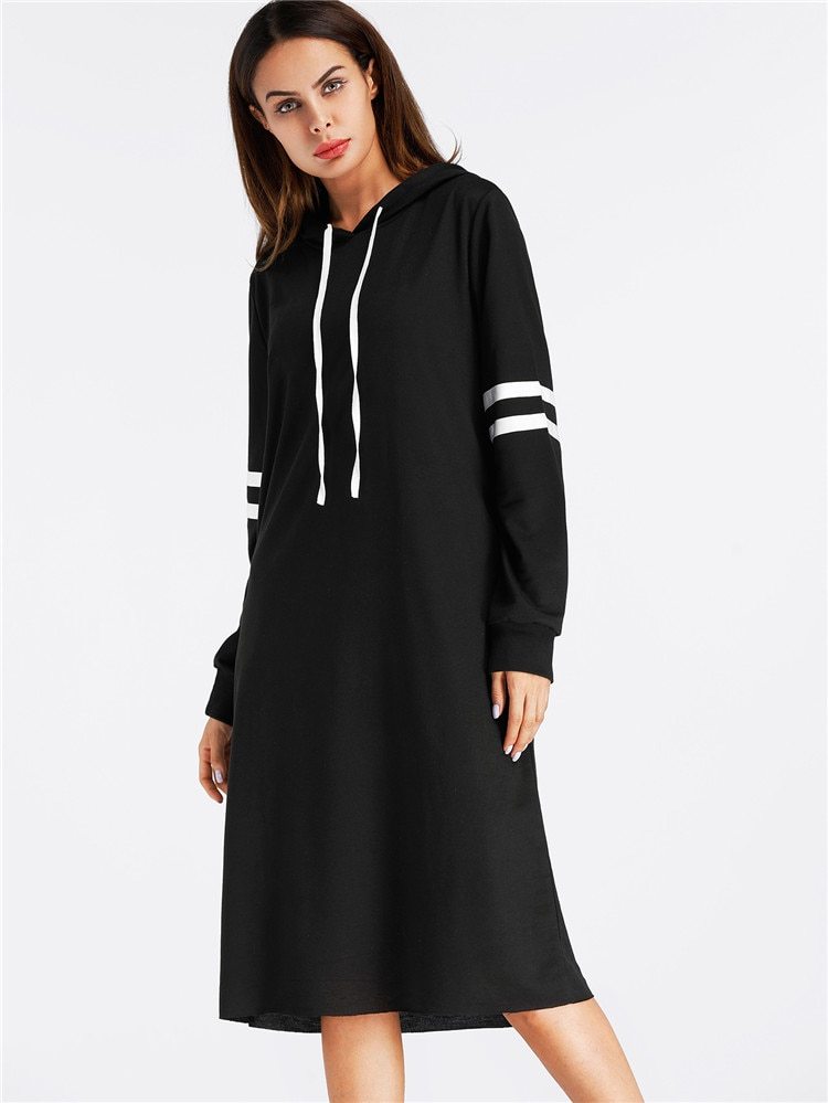 Long Sleeve Striped Hooded Loose Dress