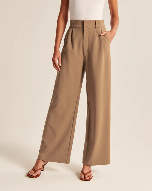 High Waist Wide Leg Straight Trousers with Pockets