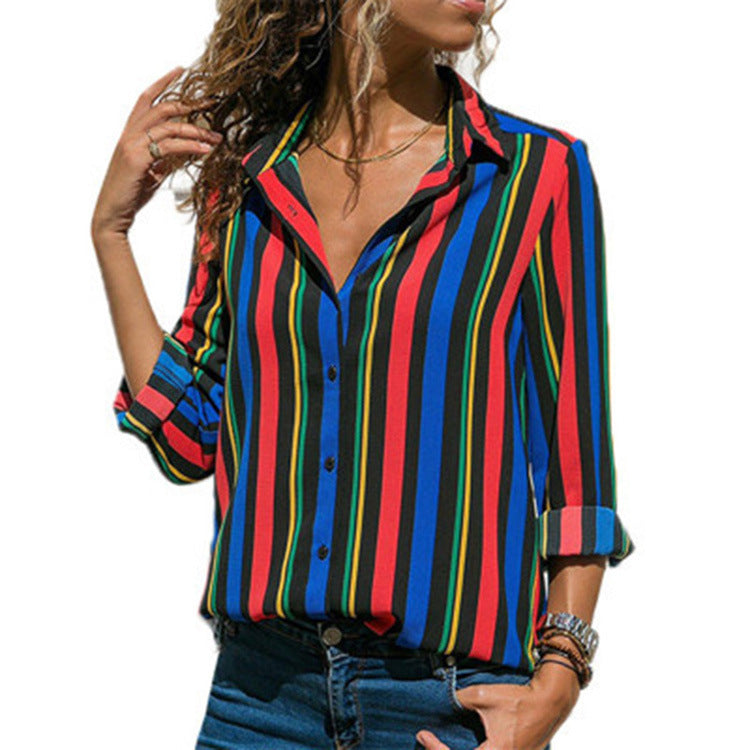 Striped Casual V-Neck Long Sleeve Chiffon Blouse