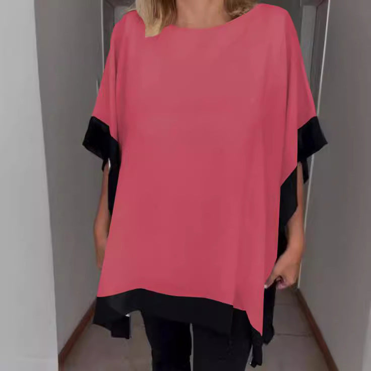 Round Neck Loose Short Sleeves Batwing Solid Color Top