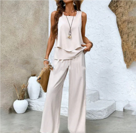 Sleeveless Double-layer Vest & Loose Straight Pants Set