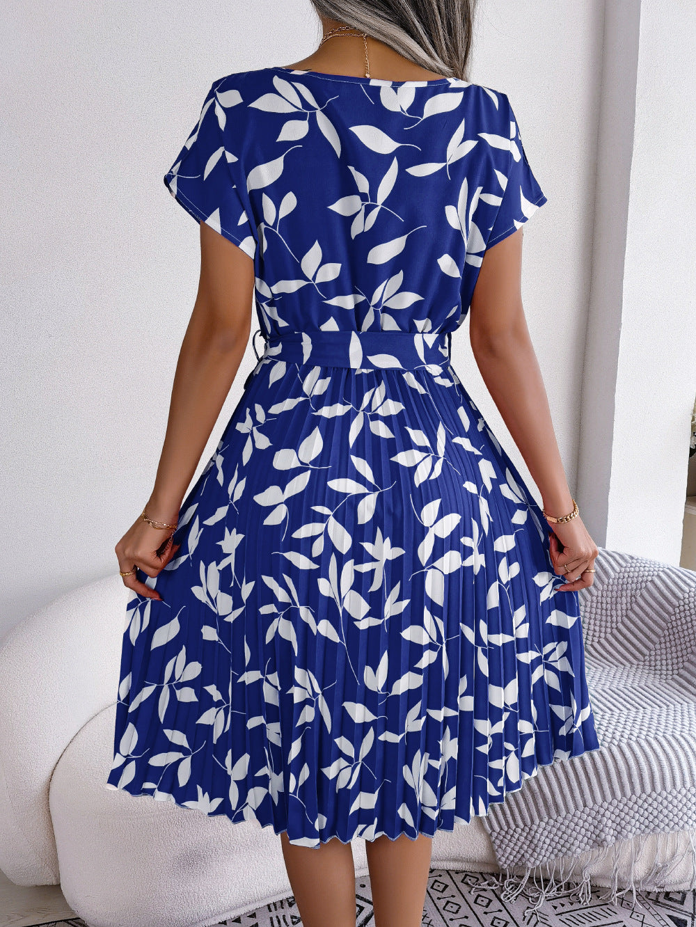 Leaf Print Short Sleeve Lace-up Skirt Dress