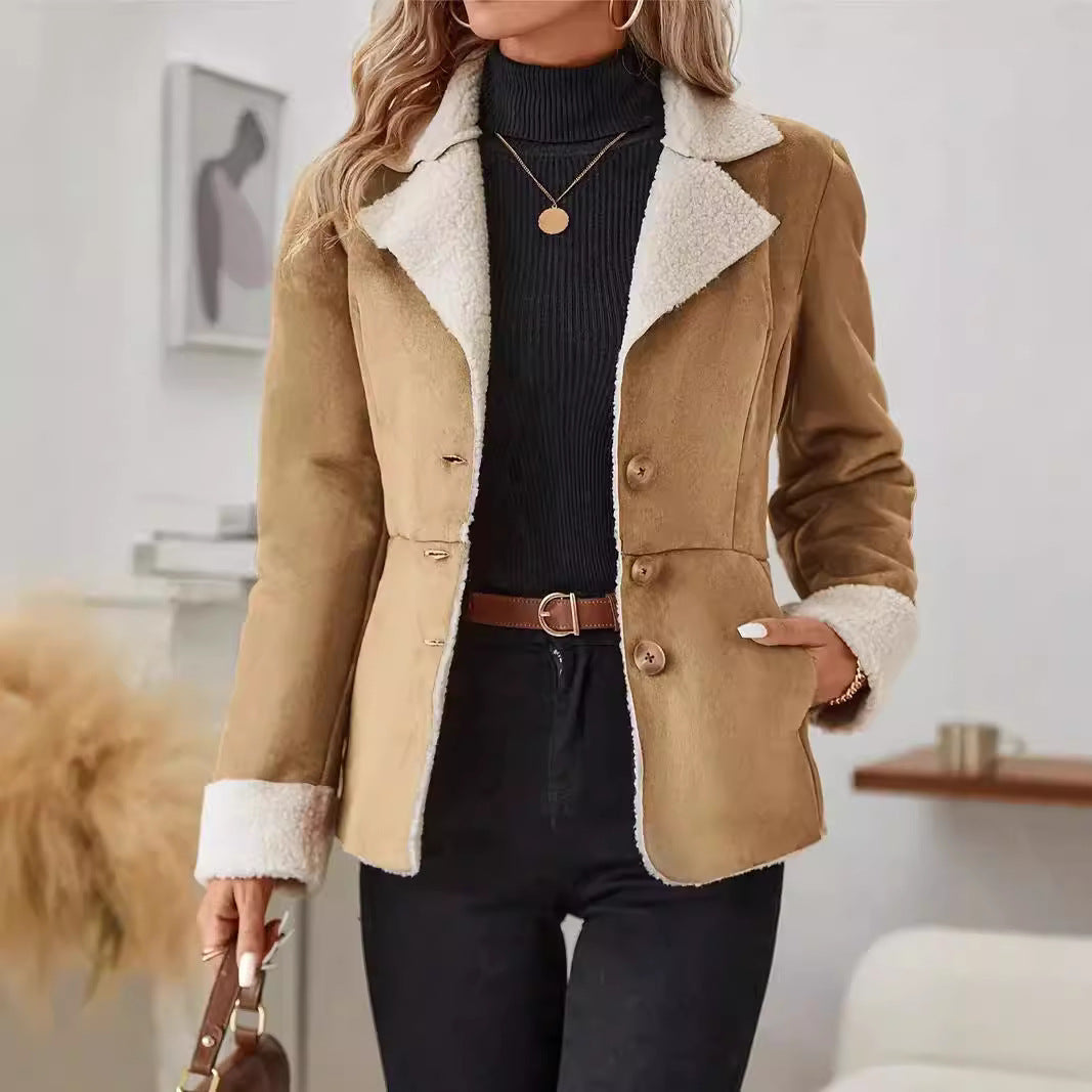 Casual Warm Fur Integrated Lapel Pocket Jacket