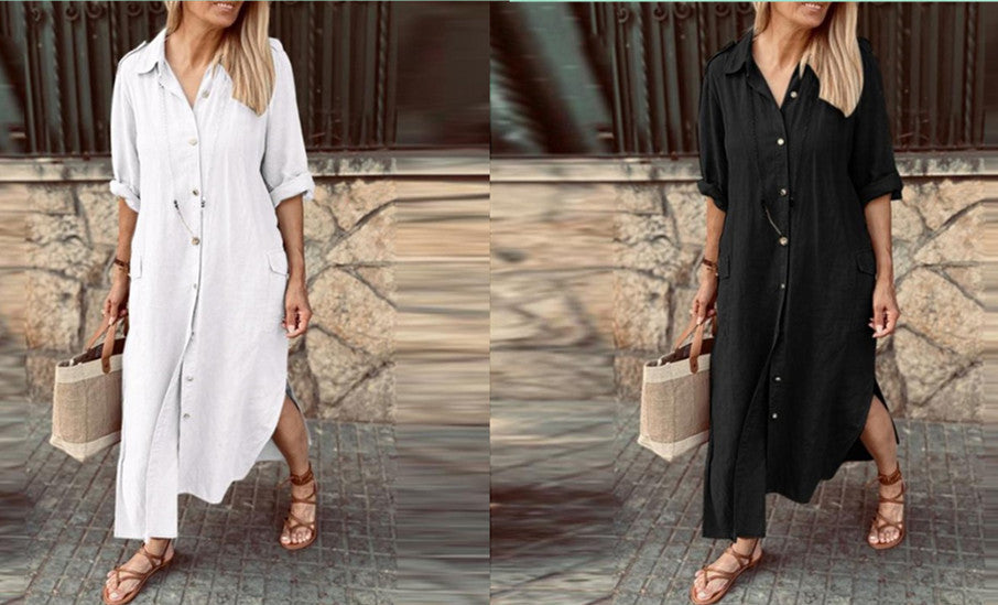 Cotton & Linen Button Long Shirt Dress