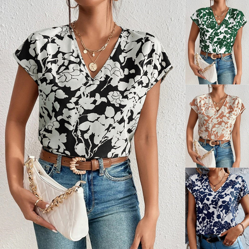 V-neck Short Sleeve Printed T-Shirt Top