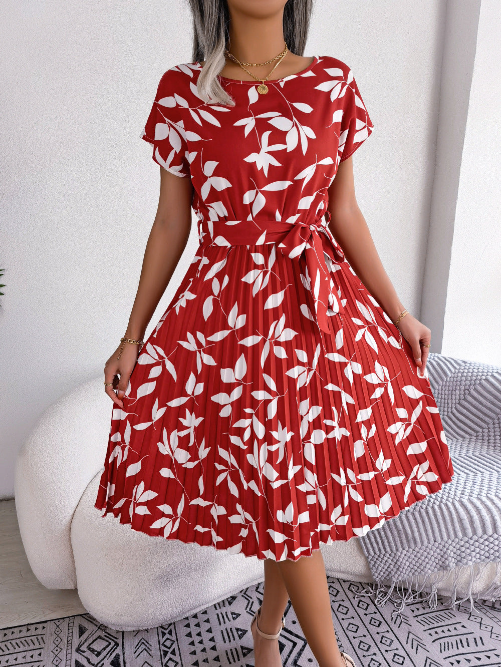 Leaf Print Short Sleeve Lace-up Skirt Dress