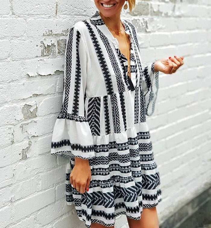 Printed Loose V-neck Dress