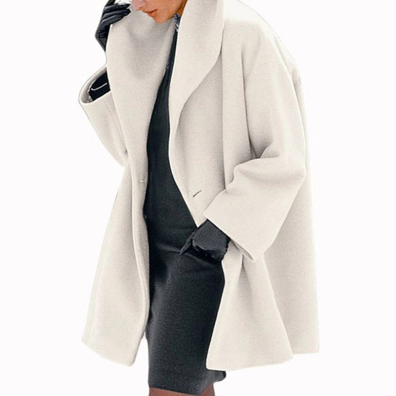 Round Neck Solid Color Woolen Coat