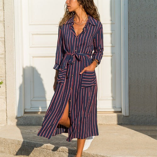 Stripe Chiffon V-neck Maxi Dress