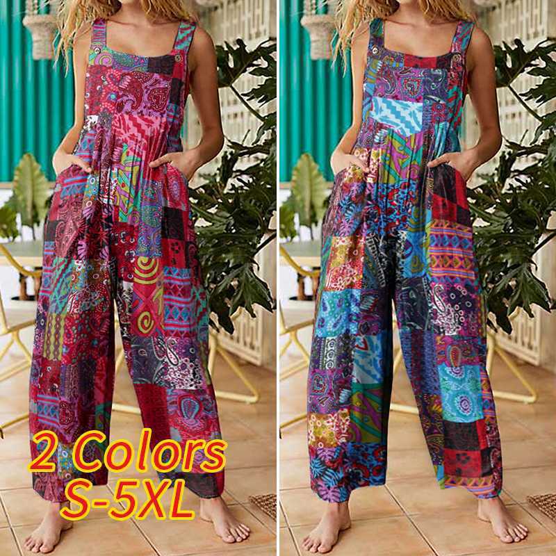 Ethnic Style Suspender Button Print Jumpsuit