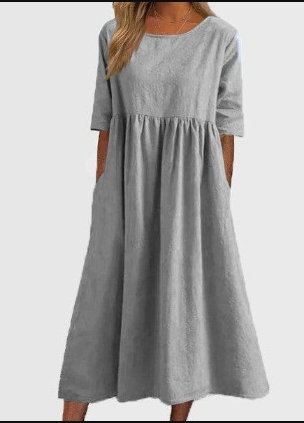 Plus Size Round Neck Loose Long Solid Color Cotton Linen Dress