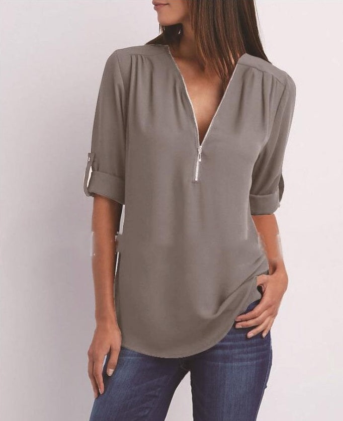 Zip V-neck Short Sleeve Loose Top