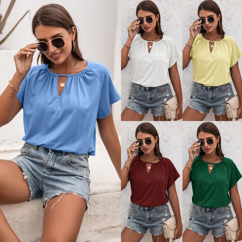 Cutout Short Sleeve Crew Neck Loose Knit T-Shirt