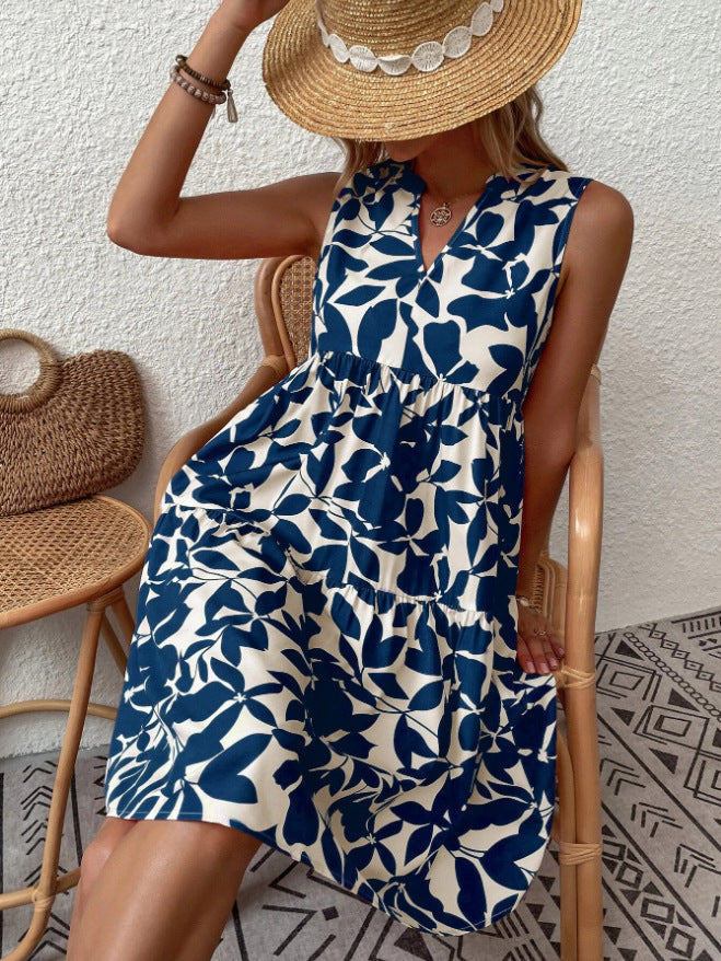 Bohemian Loose V-neck Pleated Print Sleeveless Dress