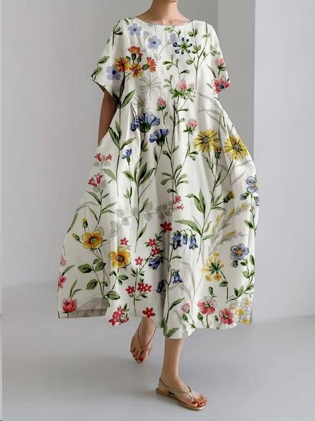 Floral Print Short Sleeve A- Line Dress