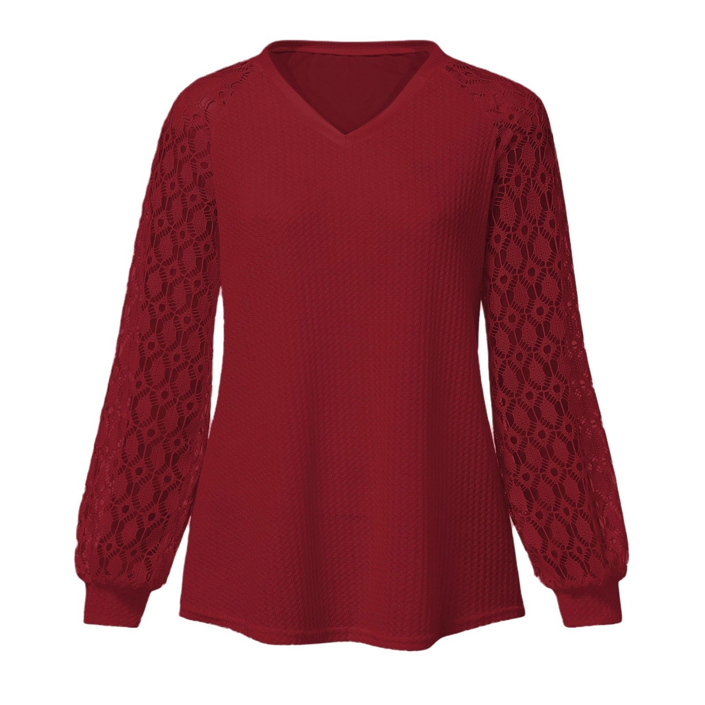 V-neck Long Sleeve Lace Stitching Loose Top