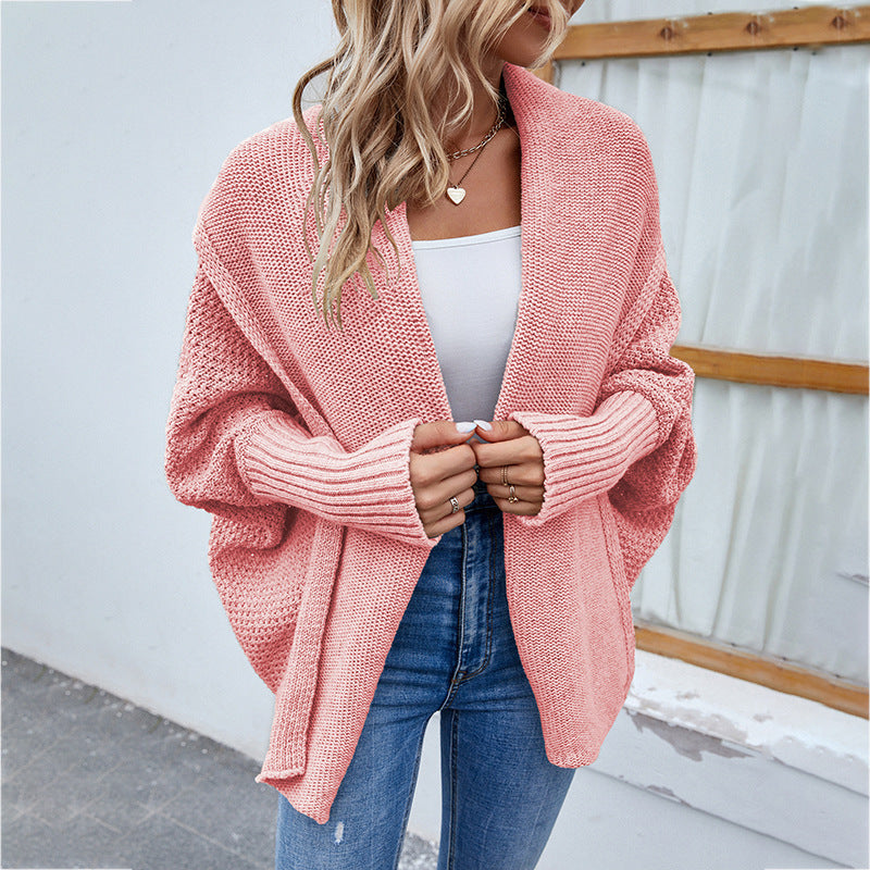 Loose Knitted Sweater Solid Color Bat Sleeve Large Lapel Cardigan