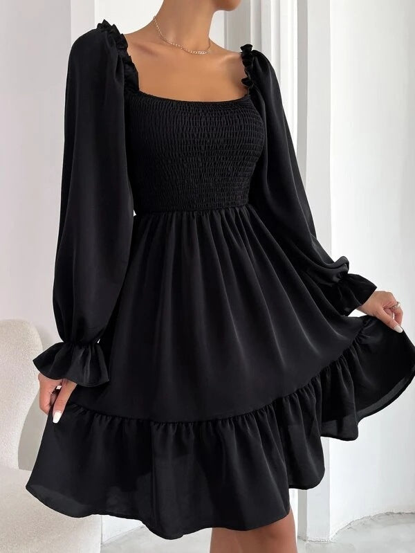 Flared Long Sleeve Ruffled Swing Dress