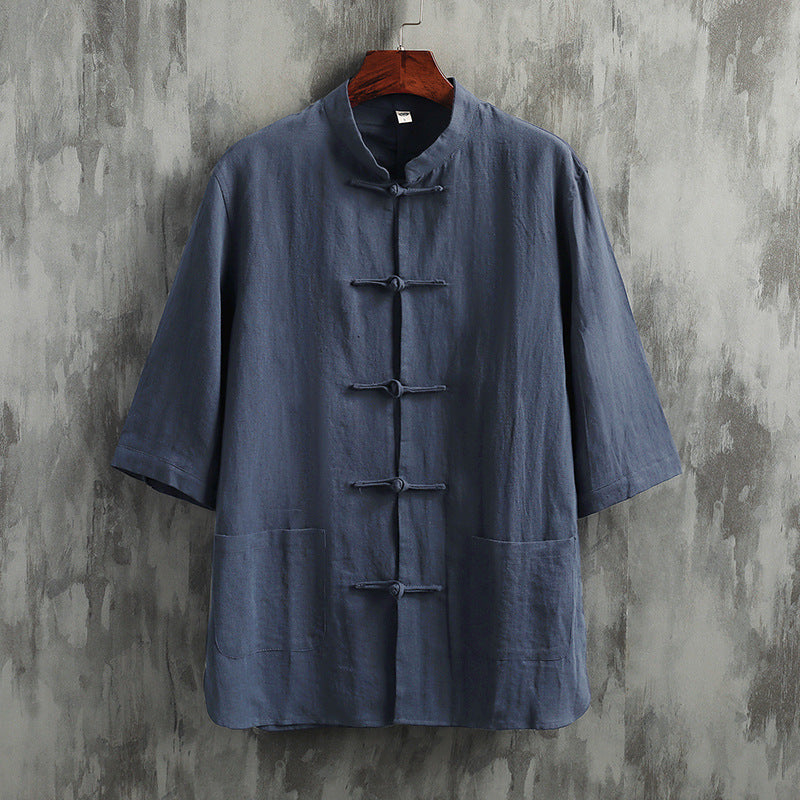 Stand Collar Short Sleeve Cotton Linen Shirt