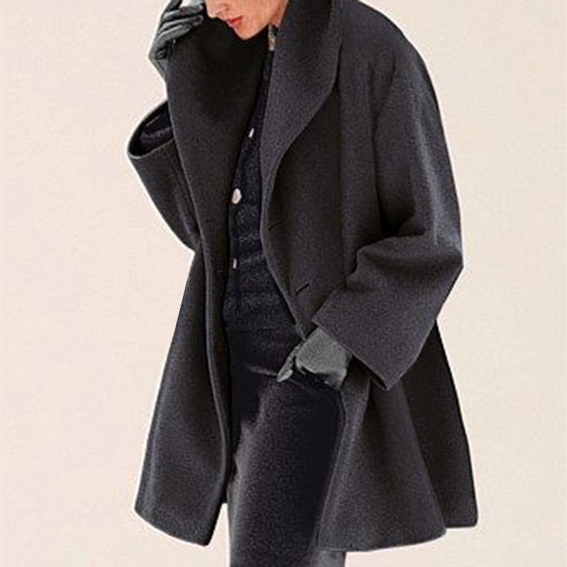 Round Neck Solid Color Woolen Coat