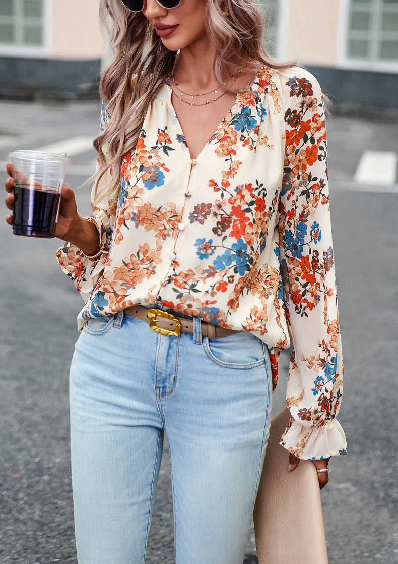 Floral Print V Neck Long Sleeve Chiffon Shirt