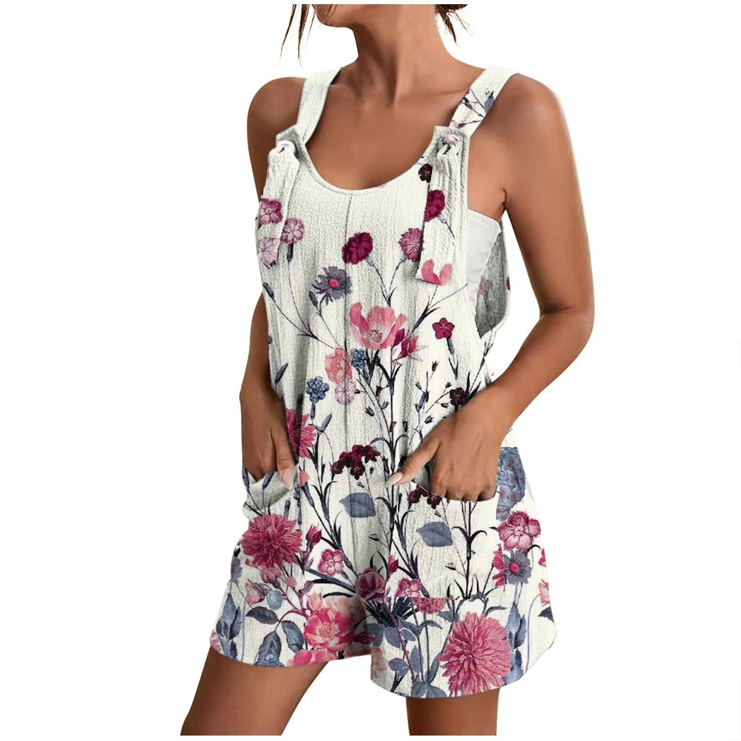 V-neck Strap Pocket Printed Jumpsuit Shorts