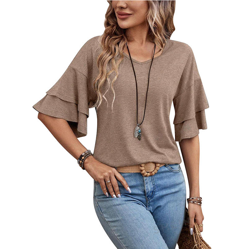 Solid Color V-neck Loose T-Shirt