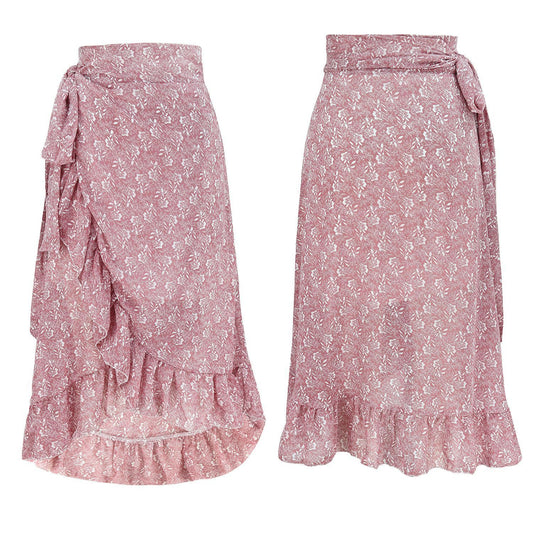 Knotted Tied Wrap Floral Ruffle Chiffon A-Line Split Skirt