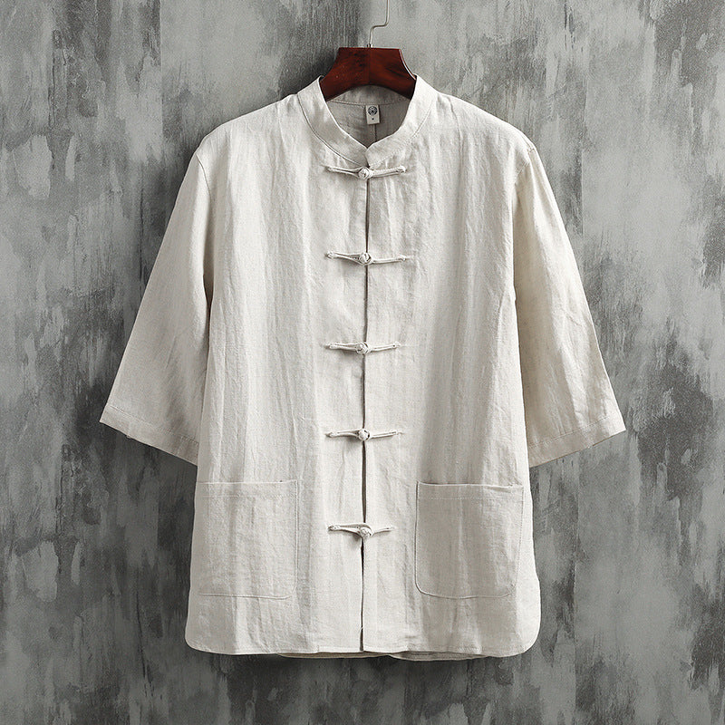 Stand Collar Short Sleeve Cotton Linen Shirt