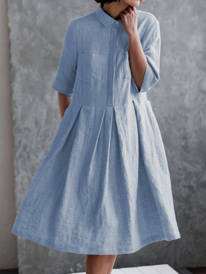 Solid Color Shirt Collar Short Sleeve Dress