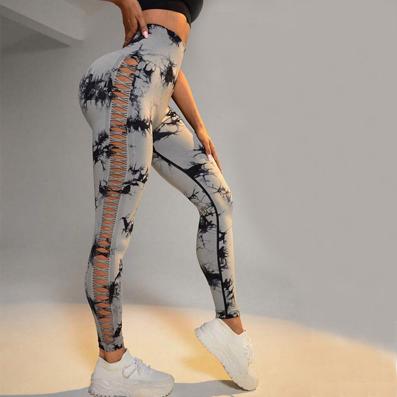 Hollow Tie Dye Printed Yoga Pants