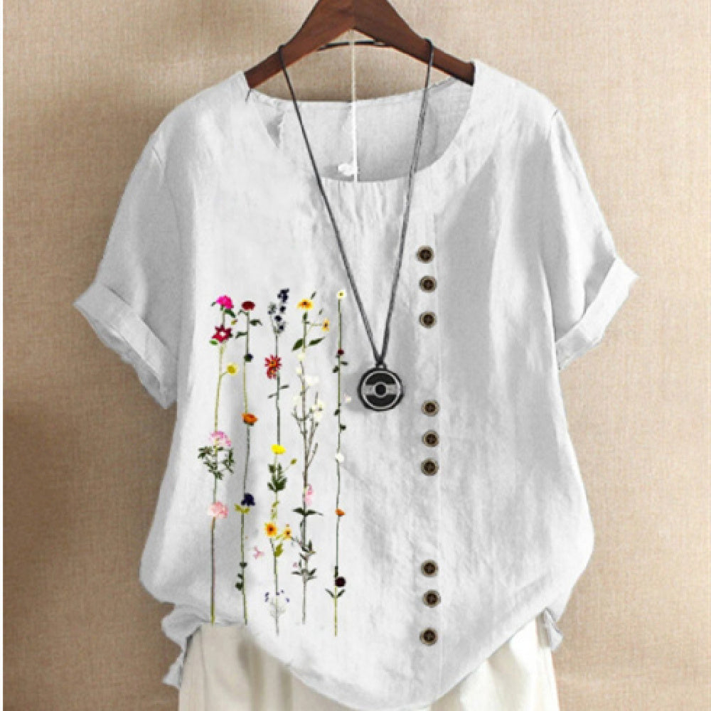 Retro Cotton & Linen Printed Loose Short-sleeved Top