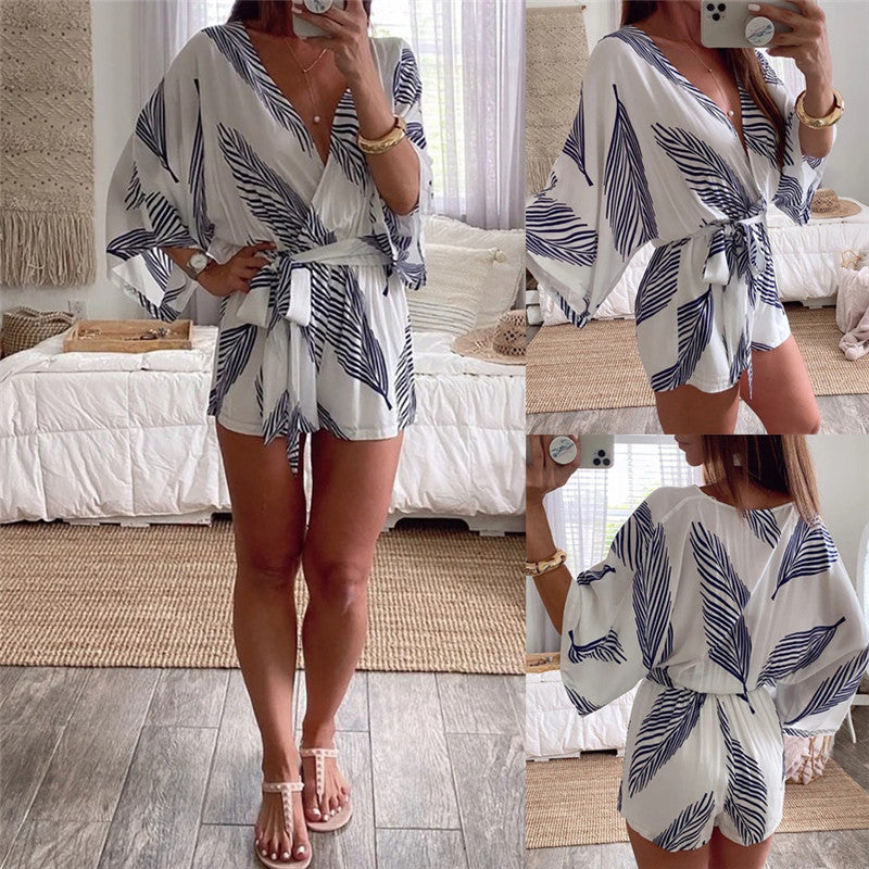 V-neck Casual Leaf Print Shorts Jumpsuit