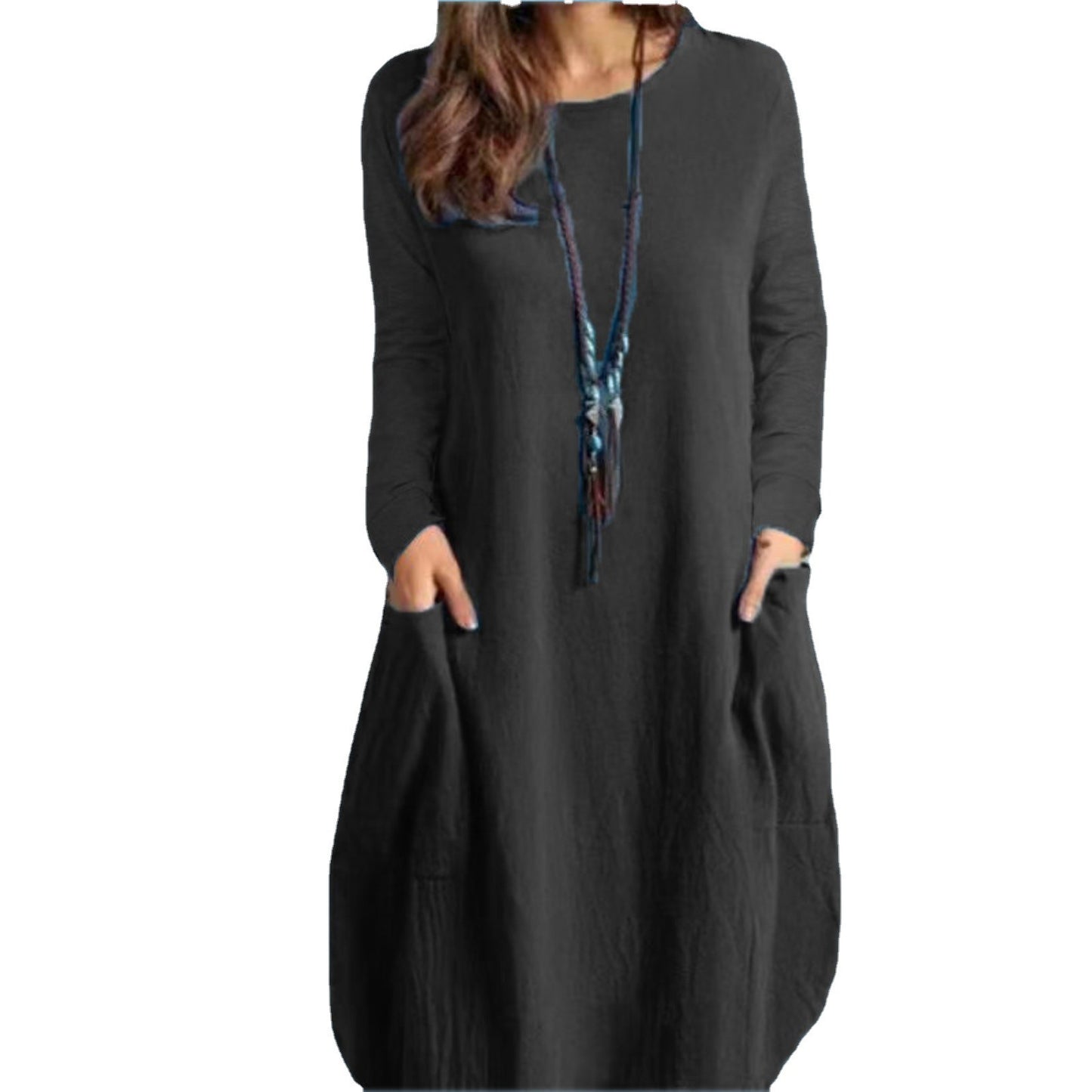 Loose Casual Solid Color Pocket Long Sleeve Dress