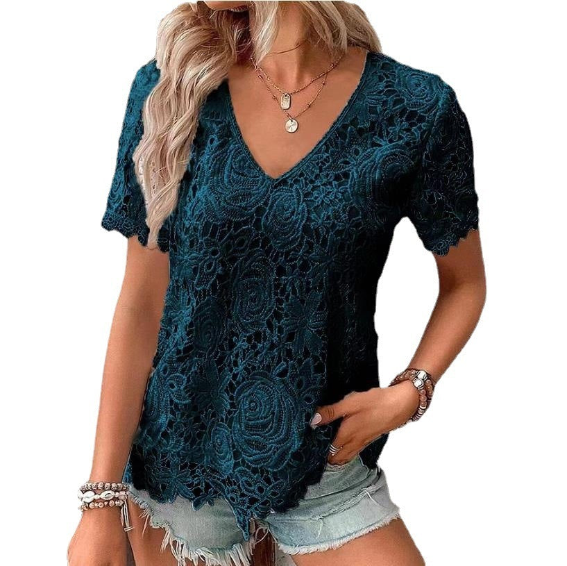 Short Sleeve Lace V-neck Loose T-Shirt