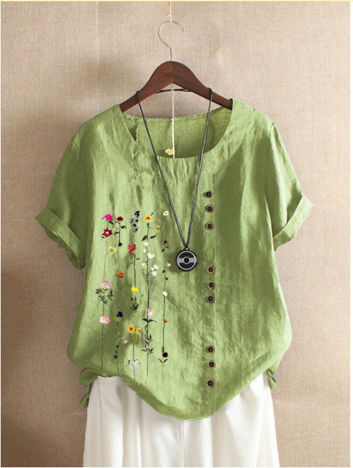 Retro Cotton & Linen Printed Loose Short-sleeved Top