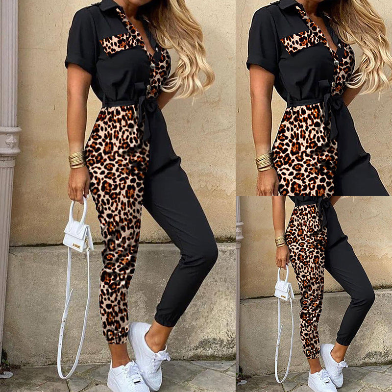 Lapel Buttoned Printed Belt Overalls