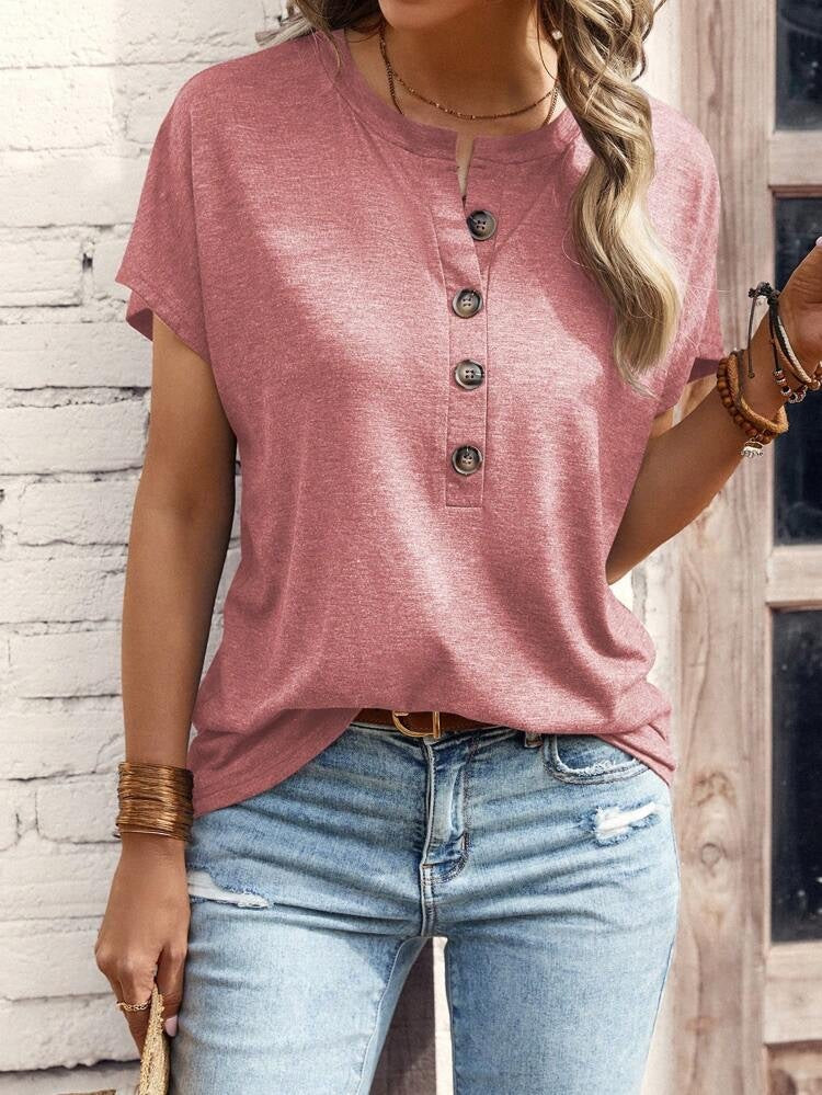 Solid Color Button Short Sleeve T-Shirt